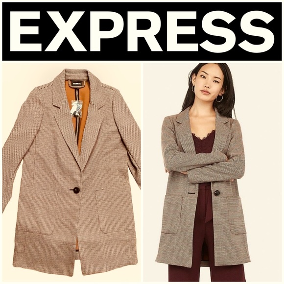 Express Jackets & Blazers - NWT Express Women’s Houndstooth/Plaid Brown, Red & Blue Long Blazer Jacket SZ M